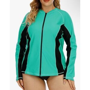Halcurt Womens Plus Size 2X Rash Guard Long Sleeve Full Zip Swim Top Teal Black